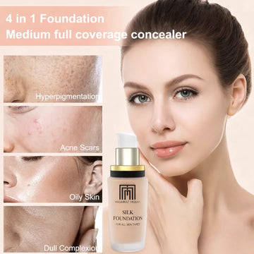 Buy MM Silk Foundation & Get Beauty blender FREE – Full Coverage, Long Lasting & Waterproof – Natural Finish, 24H Moisture Lock